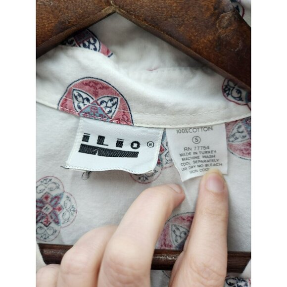 Vintage ILIO Pattern Button Up Short Sleeve Cotton Shirt Made In Turkey S - Picture 2 of 5